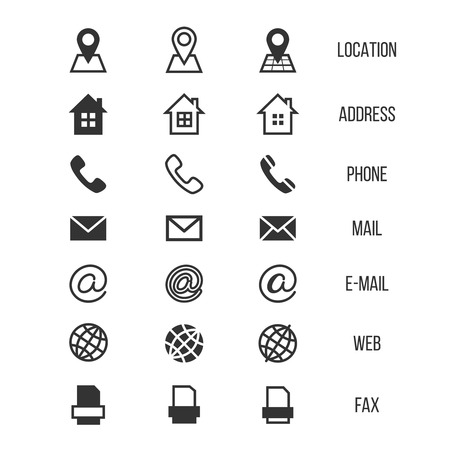 Business card vector icons, home and phone, address and telephone, fax and web, location symbols. Contact of telephone for communication illustration