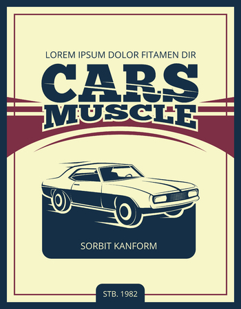 Vector vintage poster with retro car 70s. Muscle car banner illustrationのイラスト素材