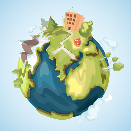 Earth planet with buildings, trees, mountains and nature elements vector illustration in cartoon style. Green life planet, globe of world illustrationのイラスト素材