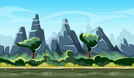 Cartoon nature landscape with trees, mountains, blue sky and clouds. Seamless vector background for smartphone app and computer games. Vector illustrationのイラスト素材