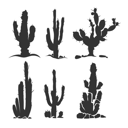 Desert cactus vector silhouette plants isolated on white. Monochrome plant illustrationのイラスト素材