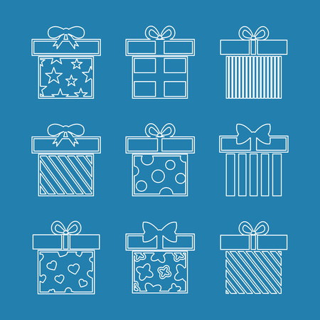 Gift boxes vector icons set in white blue. Christmas object and xmas event illustrationのイラスト素材
