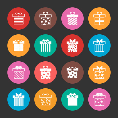 Gift boxes vector icons set over black. Present object with ribbon illustrationのイラスト素材