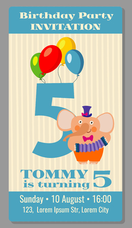 Kids birthday party invitation card with funny elephant. Vector illustrationのイラスト素材