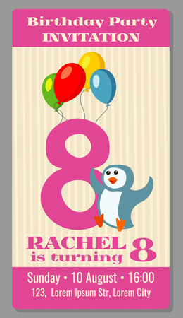 Kids birthday party invitation card with funny penguin. Vector illustrationのイラスト素材