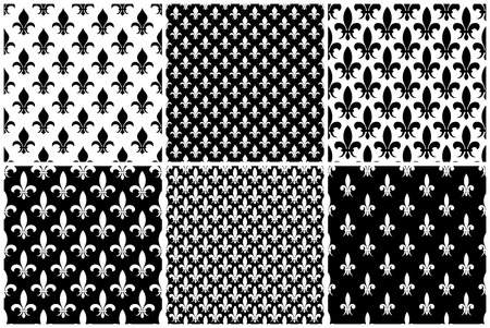 Vector fleur de lis seamless patterns set in black and white color. Illustration of background collectionのイラスト素材