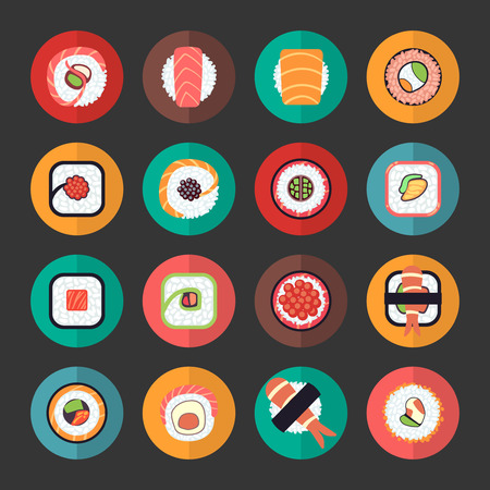 Japanese food sushi icons vector illustration set. Seafood menu designのイラスト素材
