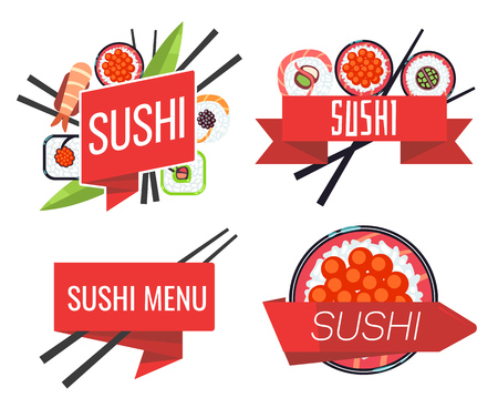 Japanese sushi bar or restaurant menu vector. Set of with red ribbon illustrationのイラスト素材