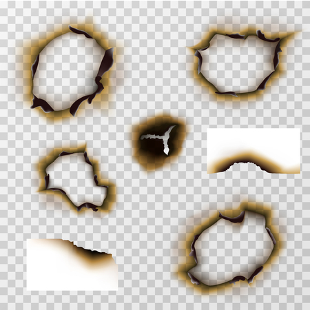 Burnt hole in paper or pergament, scorched paper vector set. Damage edge and destroyed sheet illustrationのイラスト素材
