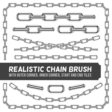 Realistic metal chain set, vector silver chains. Industrial link and metallic strength line illustrationのイラスト素材