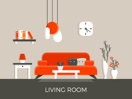 Modern home living room interior with furniture vector illustration. Lamp and sofa in apartment houseのイラスト素材