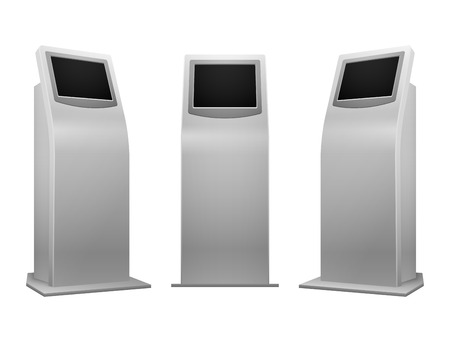 Electronic advertising stand display interactive kiosk with touchscreen vector illustration. Mockup terminal with info serviceのイラスト素材