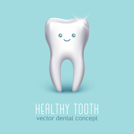 Vector dental medical poster with 3d human tooth. Dental health concept. Stomatology icon banner illustrationのイラスト素材