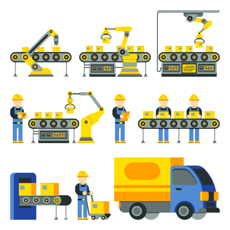 Manufacturing process with production factory line vector flat icons. Factory equipment and industrial technology line illustrationのイラスト素材
