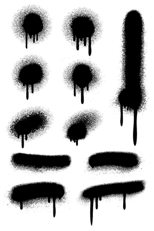 Black spray paint with paint drips isolated on white vector set. Stain ink dirty illustrationのイラスト素材