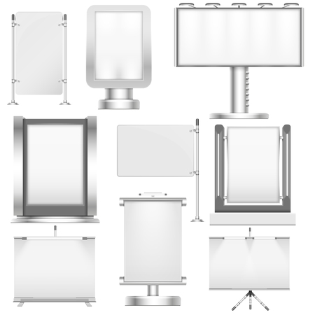 Blank white trade stand displays and billboards for advertisement promotion and placard presentation. Vector illustration mockups setのイラスト素材