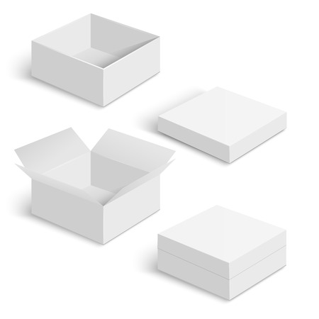 White square box vector templates set isolated on white background. Paper container for product and pack cardboard illustrationのイラスト素材