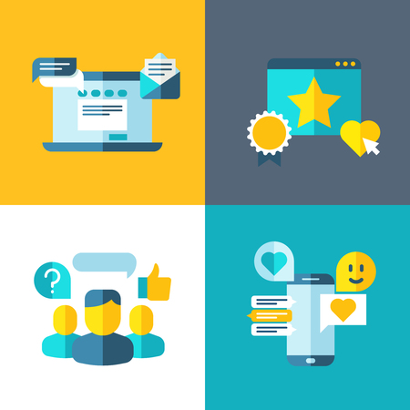 Customer service, client survey, feedback, rating concept background in flat style. Web communication with client illustrationのイラスト素材