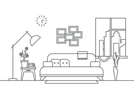 Living room with furniture interior in thin line style vector illustration. Comfortable room linear style with lamp and window frameのイラスト素材