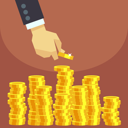 Hand put gold coins to stack vector business finance concept. Investment financial and growth money illustrationのイラスト素材