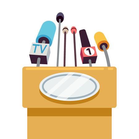 Tribune with microphones for conference and speech to public. Vector illustrationのイラスト素材