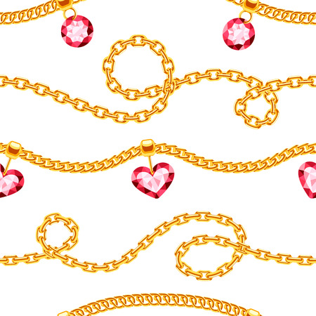 Golden chains with gemstones jewels vector seamless pattern. Luxury precious necklace with gemstone illustrationのイラスト素材