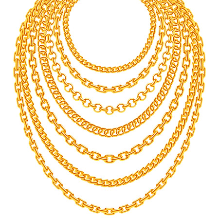 Golden metallic chain necklaces vector set. Gold fashion luxury decoration illustrationのイラスト素材