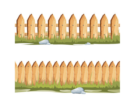 Wooden fences with grass and stones. Seamless vector cartoon background, Fence for country house illustrationのイラスト素材