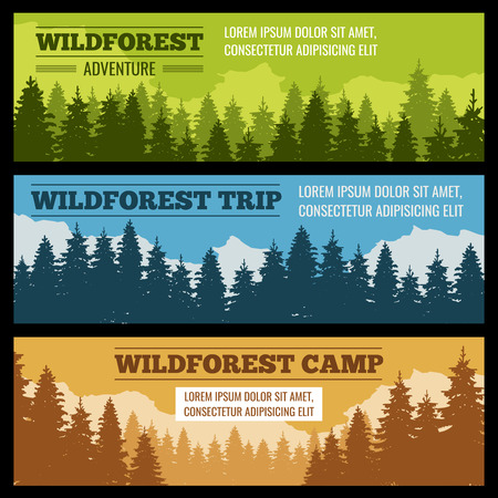 Journey, camping vector banners set with pine tree silhouettes. Poster or card with evergreen forest or park illustrationのイラスト素材
