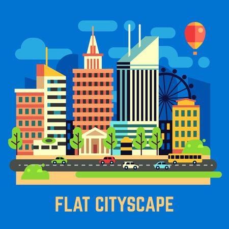 Flat city, urban landscape vector illustration. Town with building, street with car on road and green treeのイラスト素材