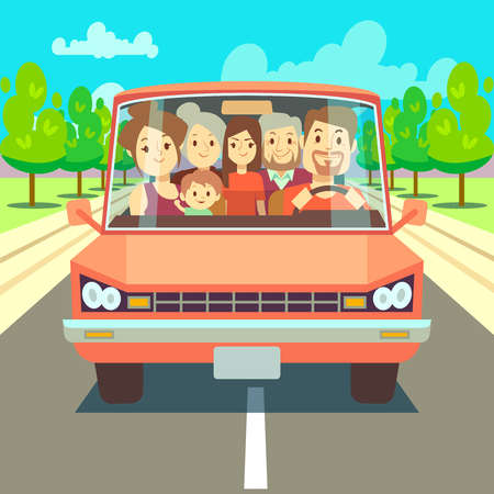 Happy family traveling by car driving on road. Big family going to summer vacations vector illustration. Transportation to holiday, father mother and childrenのイラスト素材