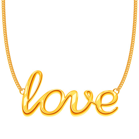 Gold chain necklace with LOVE word pendant vector illustration. Golden decoration jewelleryのイラスト素材