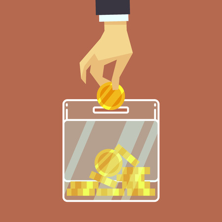 Businessman insert coin into donate box. vector donation concept. Finance business investment illustrationのイラスト素材