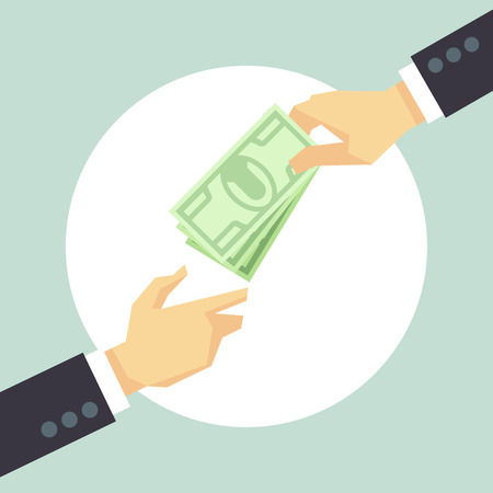 Hand giving money. Donation, charity, payment vector concept. Corruption and donate concept, help cash illustrationのイラスト素材