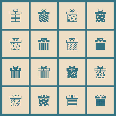 Gift boxes vector icons set in beige and blue. Present to holiday christmas illustrationのイラスト素材