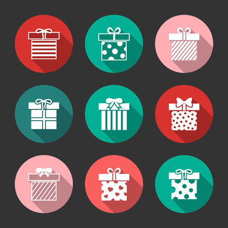 Gift boxes isolated in round. Vector icons set over black illustrationのイラスト素材