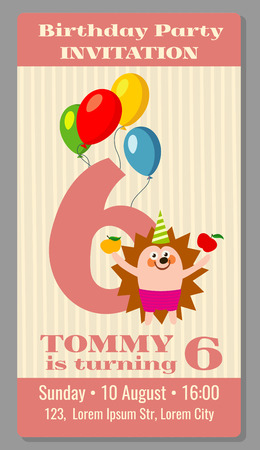 Kids birthday party invitation card with funny hedgehog. Vector illustrationのイラスト素材