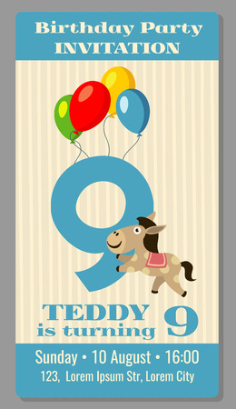 Kids birthday party cartoon animals horse invitation. Vector illustrationのイラスト素材