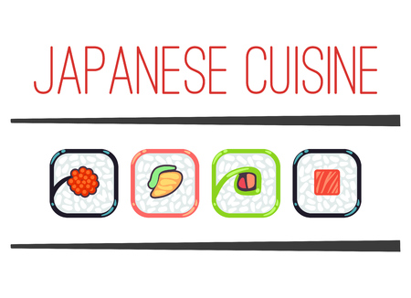 Japanese cuisine restaurant template. Traditional seafood menu, vector illustrationのイラスト素材