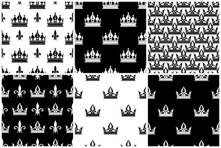 Vector crowns seamless patterns set in black and white. Collection of monochrome background illustrationのイラスト素材