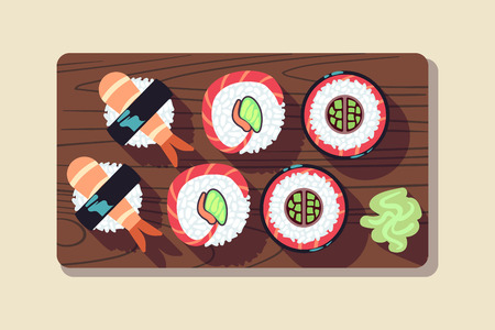 Japanese sushi over a plate vector illustration. Sushi food in restaurantのイラスト素材