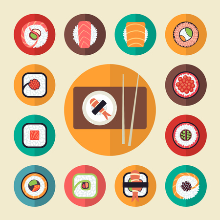 Japanese food sushi icons vector illustration set. Healthy seafood menuのイラスト素材