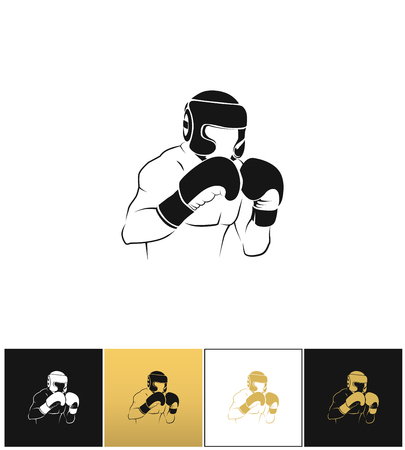 Boxer silhouette or boxing combat vector icon. Boxer silhouette or boxing combat pictograph on black, white and gold backgroundsのイラスト素材
