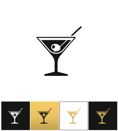 Cocktail glass sign with martini vodka and olive vector icons on black, white and gold backgroundsのイラスト素材
