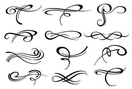 Victorian calligraphic swirl romantic flourish decoration vector set. Ornament filigree element for vignette and wedding decor illustrationのイラスト素材