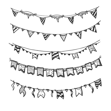 Holiday garlands with light bulbs party lights and flags hand drawn, sketch vector set. Decoration to event birthday celebration illustrationのイラスト素材