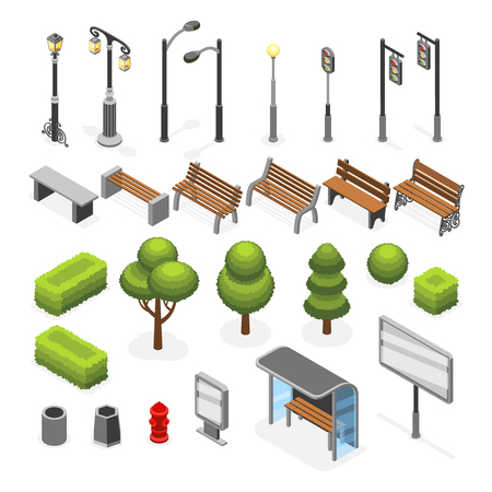 Isometric city street outdoor objects vector set. Green tree and signboard structure illustrationのイラスト素材