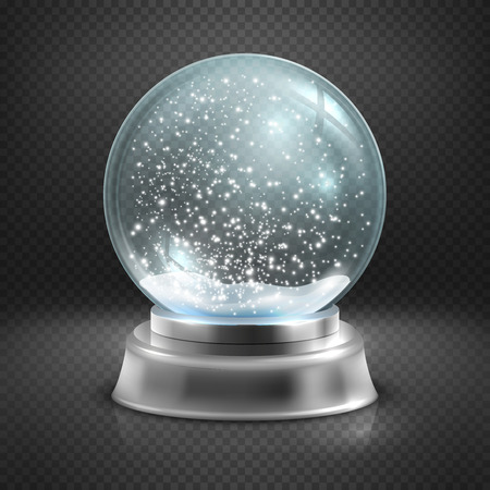 Christmas snow globe isolated on transparent checkered background vector illustration. Winter in glass ball, crystal dome with snowflakeのイラスト素材
