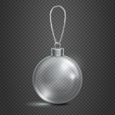 Clear transparent glass christmas toy ball isolated on checkered background vector illustration. Glass decoration sphere for new year and xmasのイラスト素材
