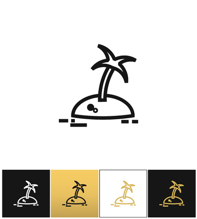 Island with palm tree travel vector icon. Island with palm tree travel pictograph on black, white and gold backgroundのイラスト素材